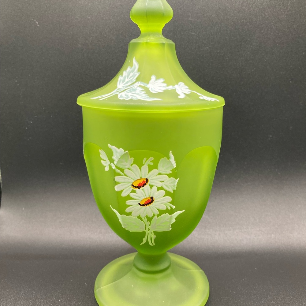 Vintage Westmoreland Green Satin Glass Lidded Candy Pot Hand Painted Daisies.